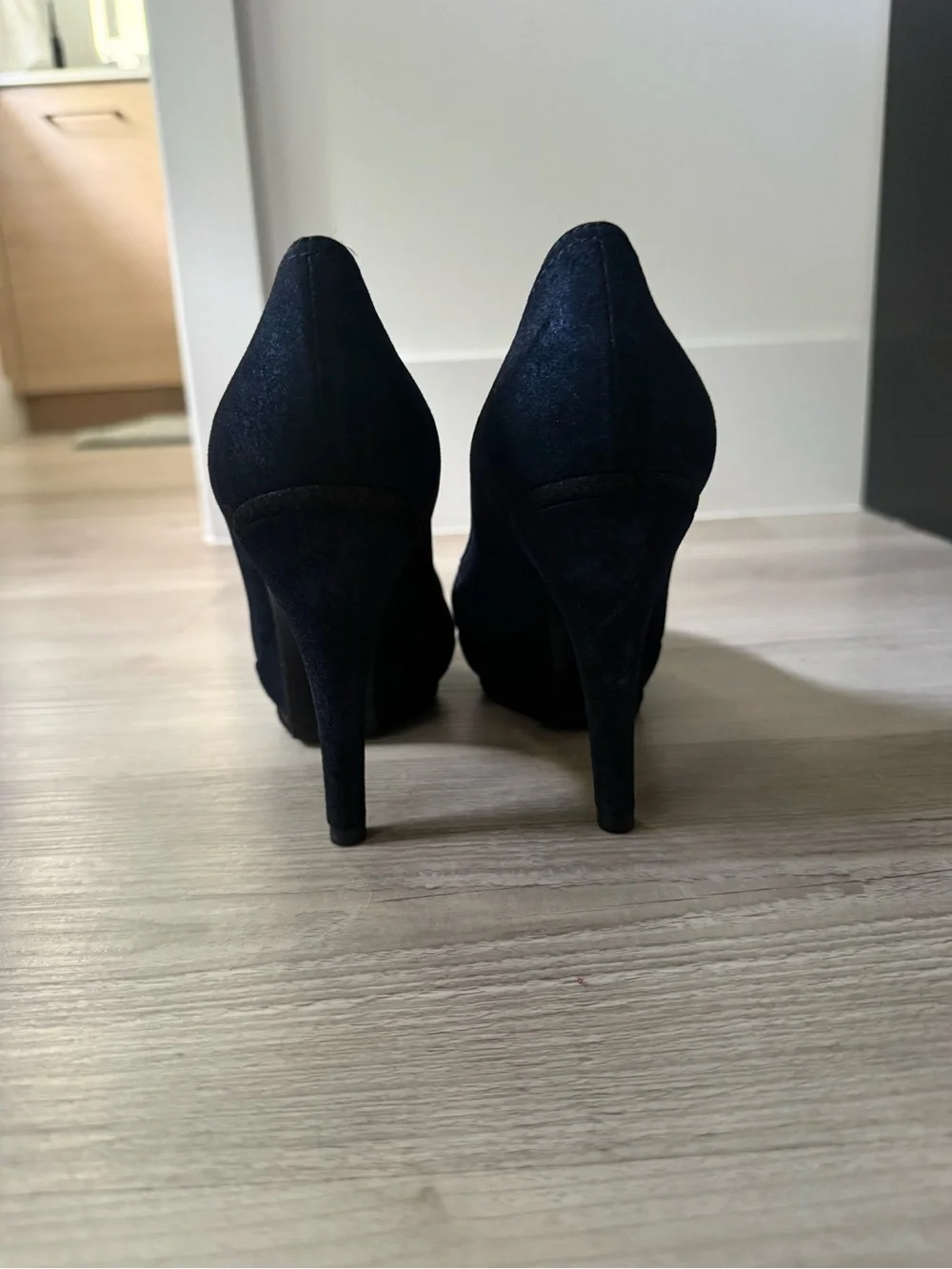 CHANEL Navy Suede Pumps with Black Cap Toe